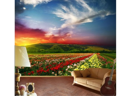 PAINEL CAMINHO - PAISAGEM DE FLORES - PÔR DO SOL - PAINEL 3D DECORAÇÃO PRA SALAS, QUARTO